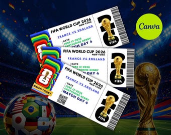 Könnte beinhalten: Drei weiße FIFA Fußball-Weltmeisterschaft 2026 Eintrittskarten für Frankreich gegen England in New York am 12. Juni 2026. Jedes Ticket zeigt den FIFA-Pokal, einen Strichcode und den Text Match Day 4 vor einem Fußballstadion-Hintergrund.