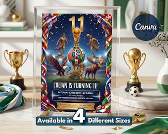 World Cup Fußball Fußball 11. Geburtstagseinladung, Uhrenparty einladen, Fußballparty, bearbeitbare Canva-Vorlage, 11. Geburtstag für Jungen
