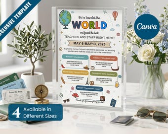 Könnte beinhalten: Ein rechteckiges Acrylschild mit einem Reise-Themenplan zur Lehrerwertschätzung mit dem Titel We've traveled the WORLD and found the best TEACHERS AND STAFF RIGHT HERE! und täglichen Veranstaltungen vom 6. bis 13. Mai 2025, verziert mit Symbolen.