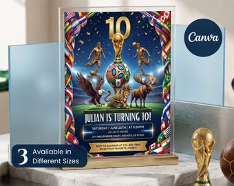 Könnte beinhalten: Ein rechteckiges Acrylschild mit einer fußballthematischen Geburtstagseinladung für Julian zum 10. Geburtstag. Das Design zeigt einen goldenen Pokal, Fußballspieler, einen Adler, einen Jaguar, einen Elch und internationale Flaggen.