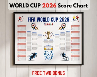 Väggkarta för fotbolls-VM 2026 utskrivbar, affisch för fotbollsturneringar, spelschema för fotboll, direkt PDF-nedladdning, resultattabell för FIFA