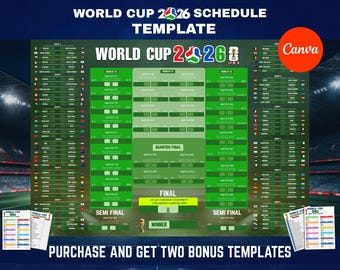 Könnte beinhalten: Eine World Cup 2026 Spielplanvorlage mit grünem Turnierbaum-Design, Spielpaarungen, Nationalflaggen und dem Text World Cup 2026. Das Layout umfasst Bereiche für Gruppenphasen, Viertelfinale, Halbfinale und den Gewinner des Finalspiels.