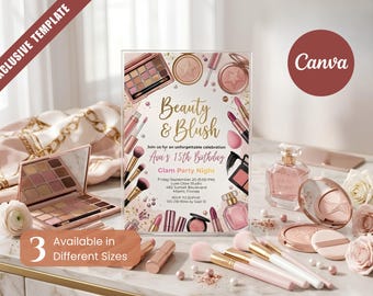 Beauty & Blush Einladung bearbeitbare Canva Vorlage, Make Up Geburtstagseinladung, druckbare Einladung, Sofort Download, Multi-Size verfügbar