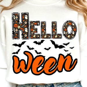 Hello Ween Halloween PNG, Spooky Ghost Pumpkin Shirt Design, Patchwork Doodle Typography, Retro Orange Wavy Holiday Digital Download