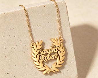Custom Double Name Wreath Necklace, Personalized Laurel Pendant, 18K Gold Plated Couple Jewelry