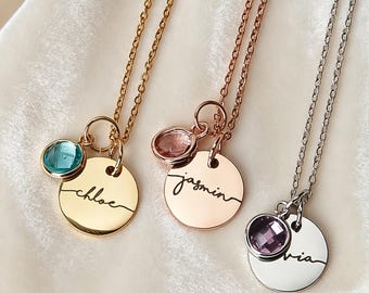 Aangepaste naamschijfketting met geboortesteenbedel, gepersonaliseerde gegraveerde hanger, sierlijke sieraden