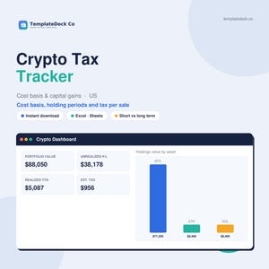 May include: A digital Crypto Tax Tracker template featuring a dashboard with portfolio value, unrealized profit and loss, realized year-to-date gains, and estimated tax. A bar chart displays holdings for BTC, ETH, and SOL with specific dollar values.