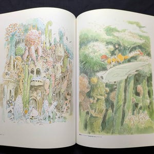 Pu&ograve; includere: Libro aperto con due illustrazioni colorate. Una raffigura una citt&agrave; fantastica con architettura intricata e flora varia. L'altra mostra una persona che vola su un velivolo sopra un paesaggio con alte strutture verdi.