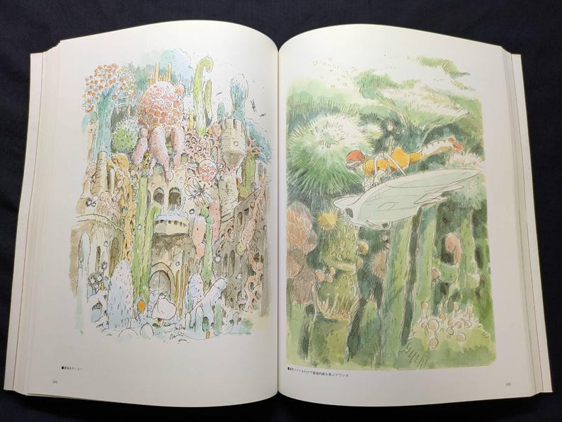 Pu&ograve; includere: Libro aperto con due illustrazioni colorate. Una raffigura una citt&agrave; fantastica con architettura intricata e flora varia. L'altra mostra una persona che vola su un velivolo sopra un paesaggio con alte strutture verdi.