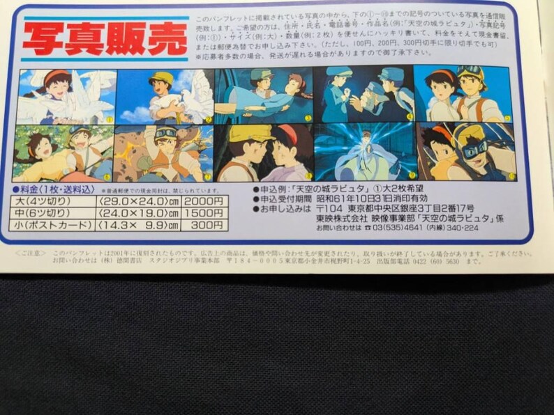 May include: A promotional pamphlet for Castle in the Sky featuring ten colorful anime-style scenes from the film. The document includes a grid of images, a table listing sizes such as 29.0 x 24.0 cm, 24.0 x 19.0 cm, and 14.3 x 9.9 cm, and Japanese text.