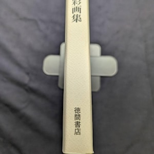 Pu&ograve; includere: Un libro con copertina rigida con testo giapponese sul dorso, tenuto in un supporto per libri grigio. Il dorso del libro &egrave; bianco sporco con testo nero. Il libro si intitola "Collezione di acquerelli".