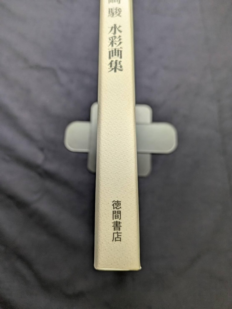 Pu&ograve; includere: Un libro con copertina rigida con testo giapponese sul dorso, tenuto in un supporto per libri grigio. Il dorso del libro &egrave; bianco sporco con testo nero. Il libro si intitola "Collezione di acquerelli".