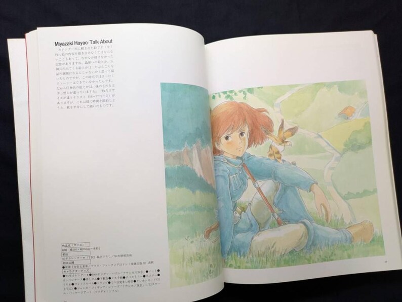 Pu&ograve; includere: Libro aperto con un'illustrazione colorata di una persona con i capelli rossi, vestita di blu, seduta in un'area erbosa. Un piccolo uccello &egrave; posato sulla sua spalla. Il testo sulla pagina di sinistra recita "Miyazaki Hayao Talk About".