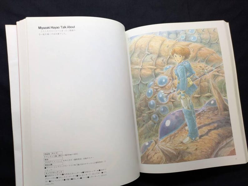 Pu&ograve; includere: Un libro aperto con un'illustrazione a tutta pagina. L'illustrazione raffigura una persona in abito blu che tiene un'arma, in piedi di fronte a una grande creatura strutturata, marrone e blu. Il testo "Miyazaki Hayao Talk About" &egrave; visibile.