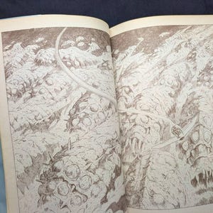 May include: An open book with a detailed pen and ink illustration. The artwork depicts a surreal landscape with organic, textured forms and a weapon. The illustration is in shades of brown and white, creating a stark contrast.