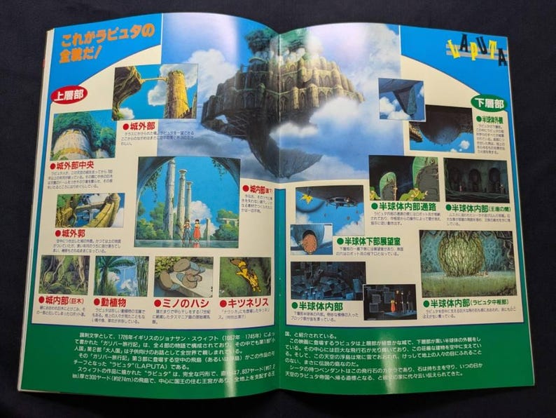 May include: A double-page spread from a Japanese publication featuring illustrations of the floating city Laputa. The layout includes multiple small panels showing architectural details, lush greenery, and characters, with Japanese text throughout.