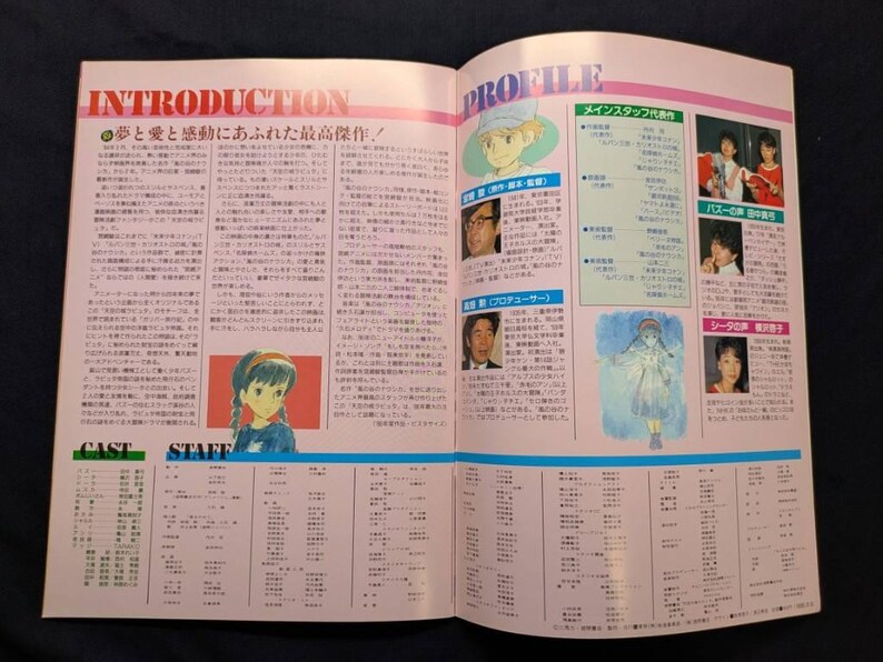 May include: A two-page spread from a Japanese publication featuring the text INTRODUCTION and PROFILE. The pages contain columns of Japanese text, character illustrations, and photographs of staff members, with a light pink background throughout.