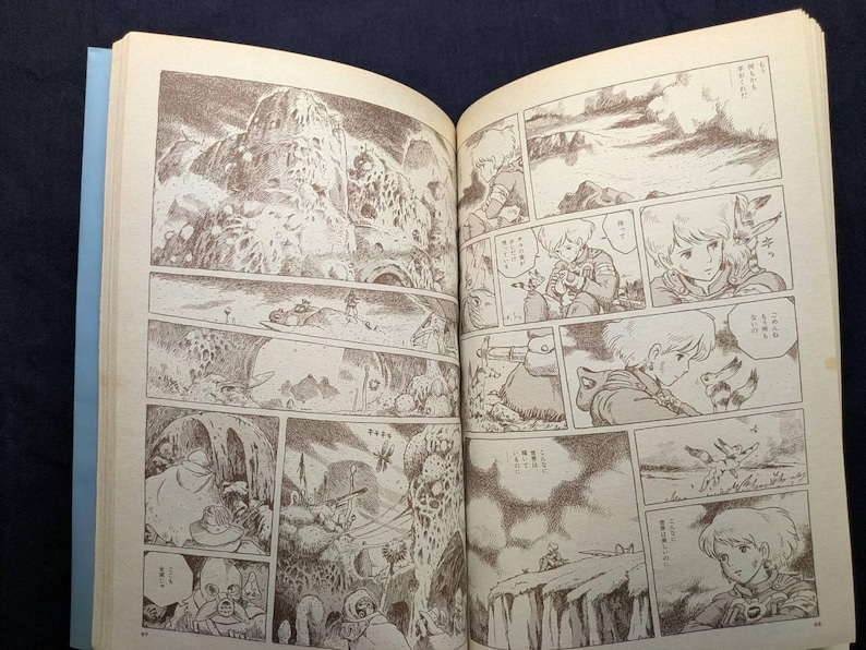 May include: Open book with sepia-toned manga illustrations. The panels depict scenes of a fantasy world with characters, landscapes, and action sequences. The artwork is detailed, with a focus on line art and shading.