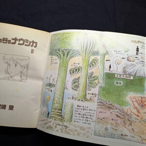 May include: Open book with Japanese text and illustrations. The left page features a portrait of a young woman and the title "Nausica&auml; of the Valley of the Wind" in Japanese. The right page shows a detailed, colorful map and drawings of fantastical plants.
