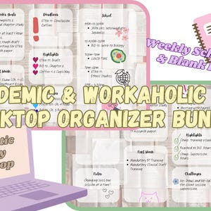 Puede incluir: Un paquete de organizador de escritorio ilustrado con el texto "Academic & Workaholic Girl Desktop Organizer Bundle". La imagen incluye una computadora portátil, un bloc de notas rosa y un bolígrafo. El organizador presenta secciones de planificación semanal y diaria.