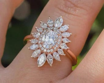 Oval Cut Lab Diamond Engagement Ring Sunburst Halo 10K Gold Marquise Side Stone Bridal Ring Elegant Women Promise Jewelry Anniversary Gift