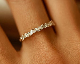 Marquise & Round Lab Diamond Wedding Band Slim Half Eternity Ring 14K Gold Matching Bridal Band Minimal Stacking Promise Ring Gift for Her