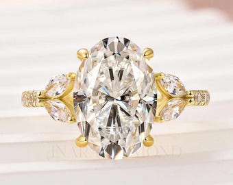 3ct Oval Cut Lab gewachsen Diamant Verlobungsring 10K Gelbgold Marquise Seitensteine Runde halbe Ewigkeit Brautring Versprechen Geschenk für Verlobte