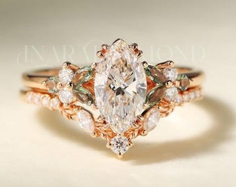 1 CT Marquise Cut diamantvigselring i 14K gult guld, naturinspirerad, V-formad ring med förlovningspresent till henne