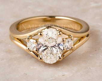 2CT Oval Cut Lab Grown Diamond Ring in 14K Yellow Gold Bezel Three Stone Engagement Ring Emerald Cut Side Stones Bridal Wedding Gift For Her