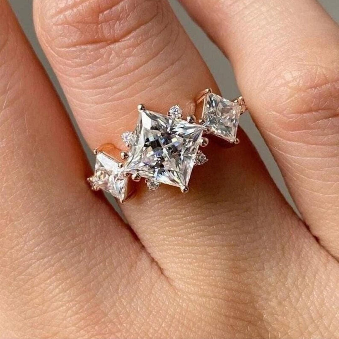 Princess Cut Lab Grown Diamond Ring 10K Gold Engagement Ring Three ...
