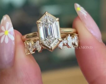 2ct Hexagon Lab Grown Diamond Ring Set 10K Yellow Gold Solitaire Engagement Matching Eternity Wedding Band Modern Luxury Bridal Set Jewelry