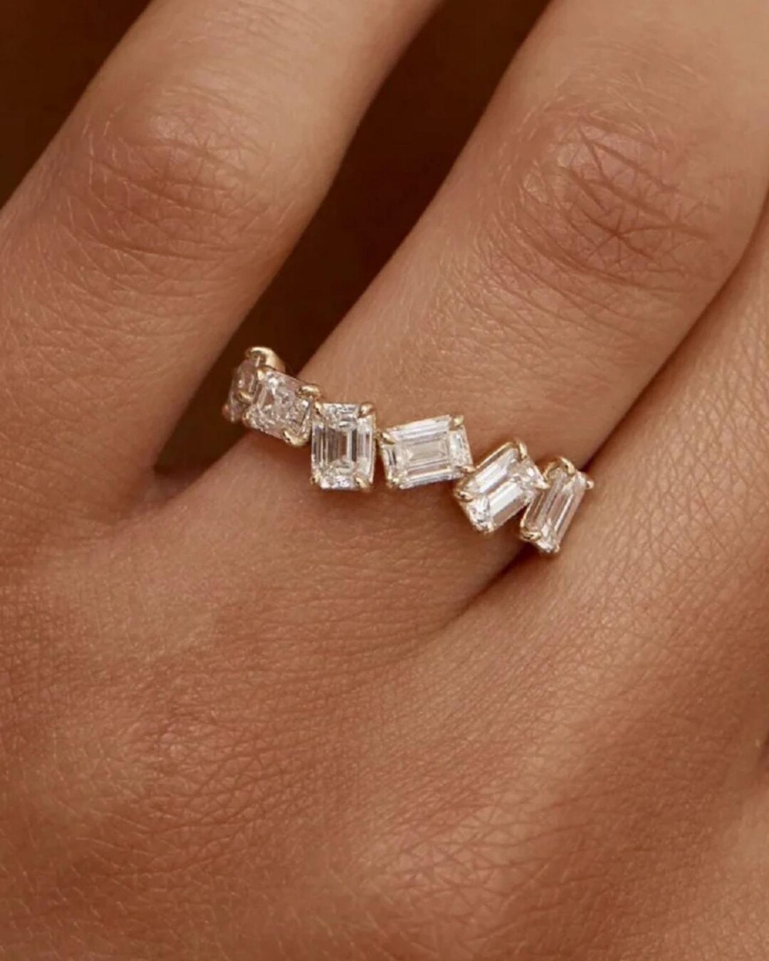 Emerald Cut Lab Grown Diamond Wedding Band in 14K Gold Minimalist Half ...