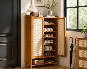 Rattan Bambus Schuhschrank, schmaler Eingangsbereich, Boho Flur Aufbewahrungsmöbel