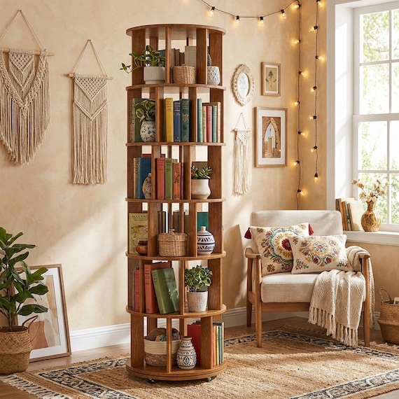 Rotating Bookshelf | Solid Wood Round Bookcase Tower with Wheels