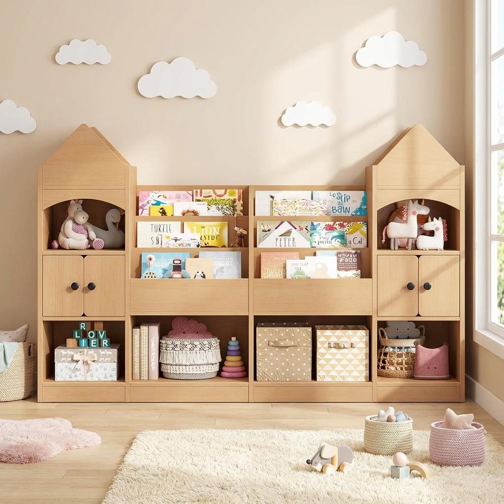 Montessori Castle Bookshelf and Toy Storage Organizer, Wood Nursery ...