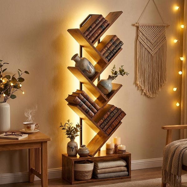 Estantería industrial de árbol con luces LED / Estantería estrecha de madera y acero para espacios pequeños