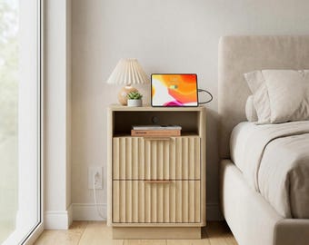 Fluted Nightstand Set of 2 Modern Charging Station 2 Drawer End Table Storage