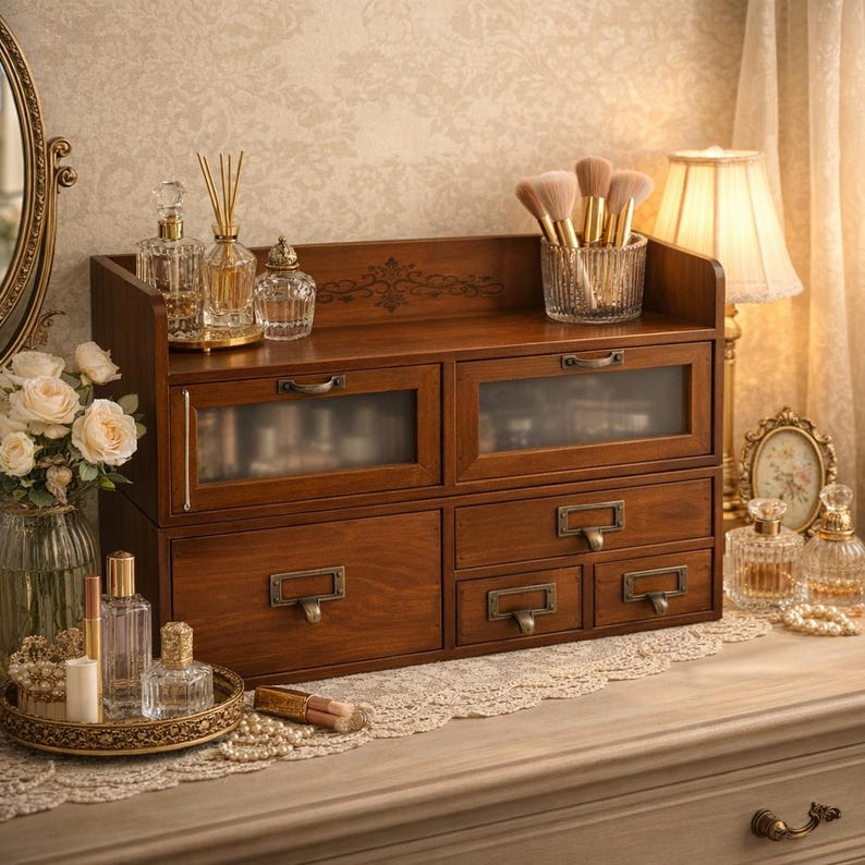 Vintage Wooden Storage Cabinet With Glass Drawers Desktop Organizer Box ...
