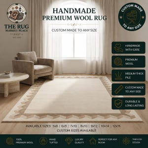Neutral Border Rug Geometric Wool Living Room Area Rug Custom Size Handmade