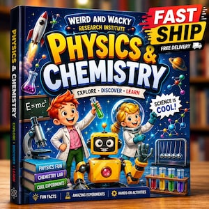 May include: A hardcover book titled Weird and Wacky Research Institute Physics & Chemistry. The cover features a rocket, a microscope, a yellow robot, test tubes, and two children in lab coats. Text includes E=mc2, Science is Cool, and Fun Facts.