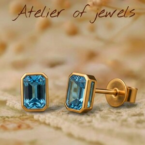 Emerald Cut Blue Topaz Stud Earrings in 14K Gold Bezel Setting, Minimalist Rectangular Gemstone Studs, Art Deco Jewelry Gift for Her