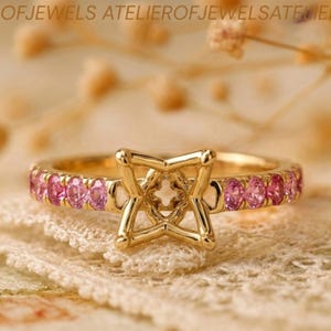 Minimalist Gold Ring Setting Pink Sapphire Band, Luxury Semi Mount Engagement Ring, Empty 4 Prong for Custom Center Stone Anniversary Gift