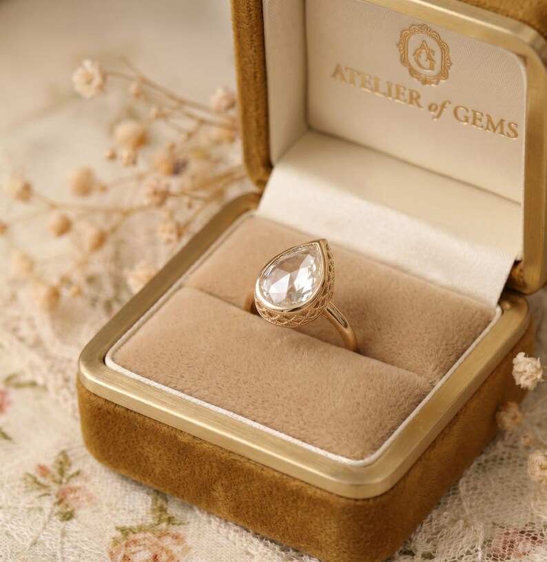 Pear Cut Moissanite Engagement Ring Bezel Set 14K Gold Ring Teardrop ...