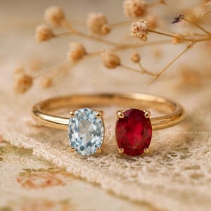 Toi Et Moi Aquamarine and Ruby Ring, 14K Gold Open Cuff Dual Birthstone Jewelry, Two Gemstone Adjustable Anniversary Gift for Her