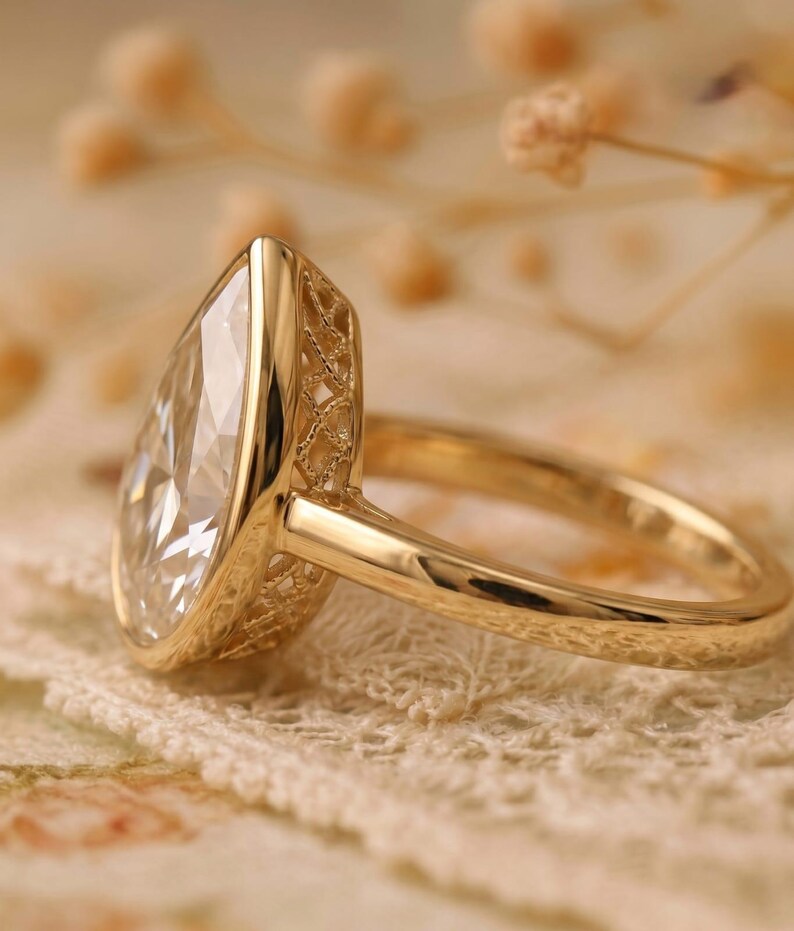 Pear Cut Moissanite Engagement Ring Bezel Set 14K Gold Ring Teardrop ...