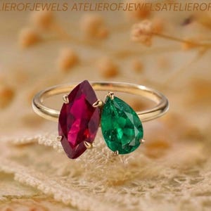 14kGold Toi et Moi Ring Pear Emerald and Marquise Ruby Wedding Ring Minimalist Two Stone Engagement Ring Promise Ring for Women Gift for her