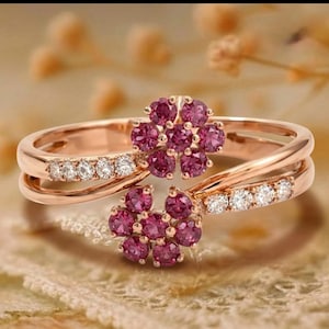 Pink Tourmaline Flower Engagement Ring Bypass Vintage Moissanite Ring For Women Floral Cluster Rose Gold Open Wrap Delicate Promise Jewelry