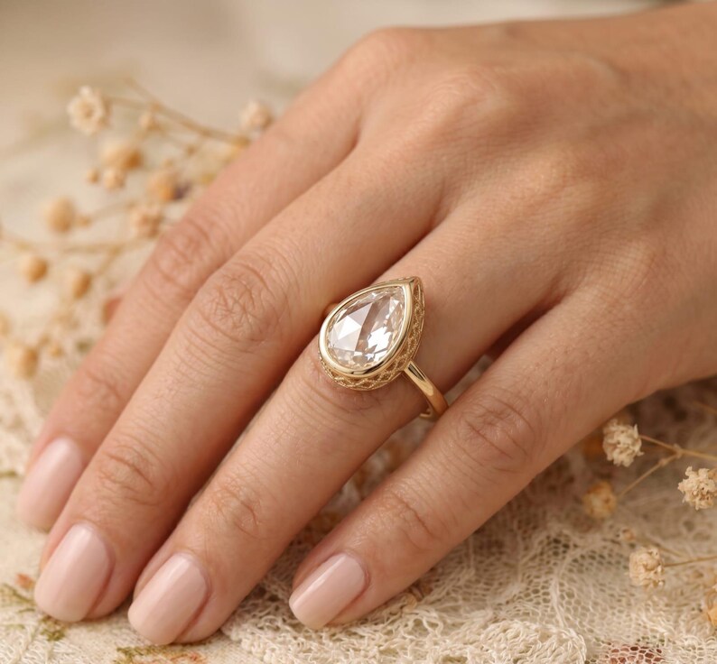 Pear Cut Moissanite Engagement Ring Bezel Set 14K Gold Ring Teardrop ...