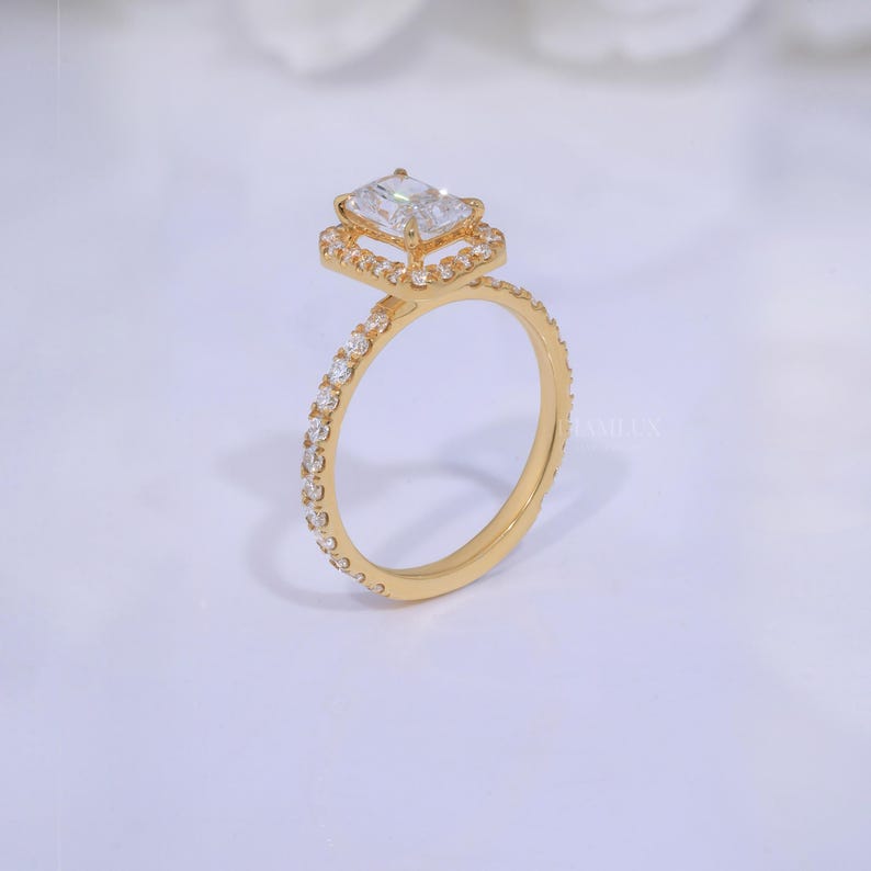 Radiant Cut Lab Diamond Engagement Ring, 10K Gold Halo Ring - Etsy