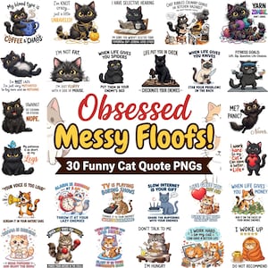 30 roliga fluffiga katter PNG-paket, sarkastiska citat Clipart, sublimeringsdesigner för skjortor, digital nedladdning